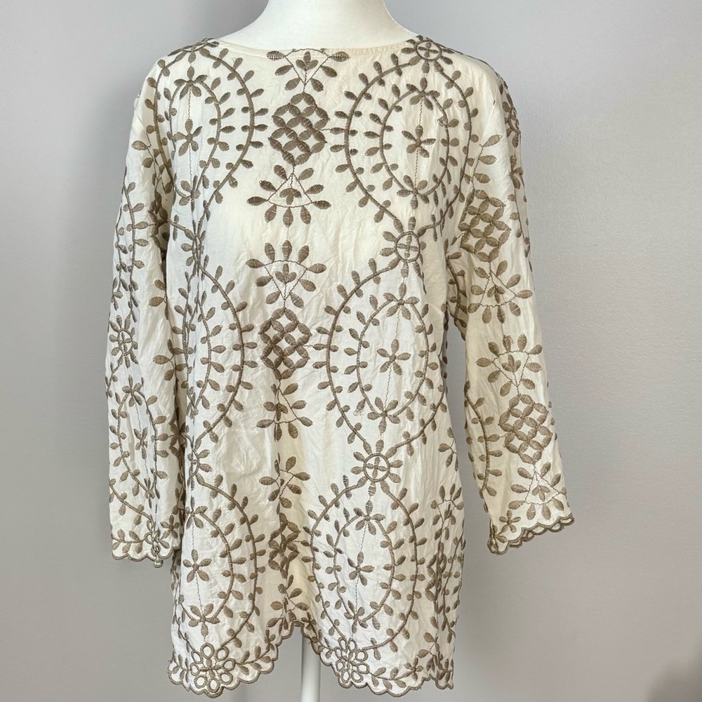 Chico's Elegant Cream and Brown Embroidered Sweater